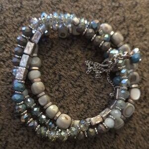 Triple-Strand Multi-faceted Beaded Bracelet in Blue, Gray & Neutral Tones